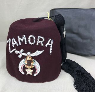 ZAMORA Jeweled FEZ Hat w/ Storage Bag Size 7 3/8 Vintage Shriners Masonic Fancy 7