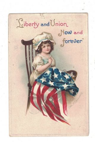 4 Th Of July Postcard Embossed Girl Sewing Flag Signed By Ellen H.  Clapsaddle