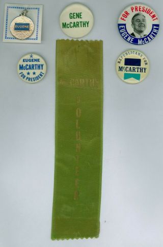 4 Vtg 1968 President Eugene Mccarthy Campaign Pnbk Buttons - 1 Ribbon 1 Medallion