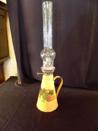 Vintage Butter Cream Tin Oil Lamp With Hand Blown Glass Chimney Grape Motif