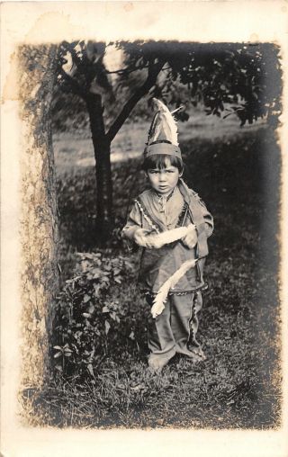 F62/ Native American Indian Real Photo Rppc Postcard C1910 Costume Boy 29