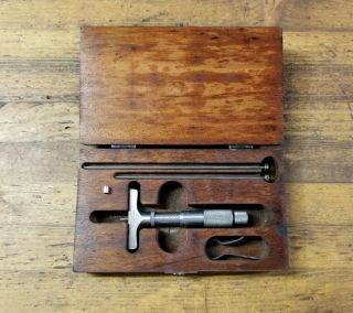 Vintage Micrometer Depth Gauge & Wood Case Lufkin Machinist Precision Tools ☆usa