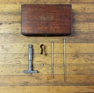 VINTAGE Micrometer DEPTH GAUGE & Wood Case LUFKIN Machinist Precision Tools ☆USA 2