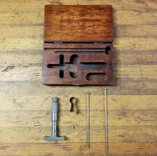 VINTAGE Micrometer DEPTH GAUGE & Wood Case LUFKIN Machinist Precision Tools ☆USA 3