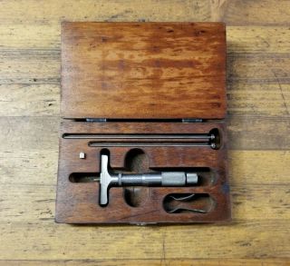 VINTAGE Micrometer DEPTH GAUGE & Wood Case LUFKIN Machinist Precision Tools ☆USA 7