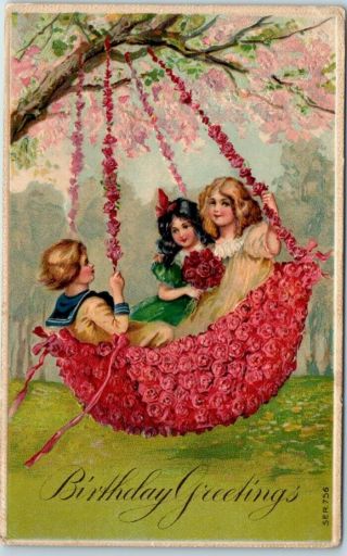 Vintage Happy Birthday Greetings Postcard Girls In Flower Swing - 1910 Cancel