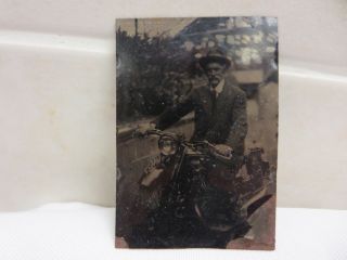 Vintage Tintype Photograph Photo Image - Man On Motorcycle - 1920s Triumph ?