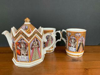 Vintage Sadler 4440 Teapot & 2 Cups King Henry Viii & 6 Wives England Bone China
