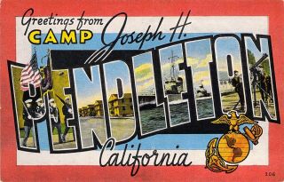 Ww2 Linen Era,  Large Letter,  Greetings From Camp Pendleton,  Ca.  Usmc,  Old Postcard