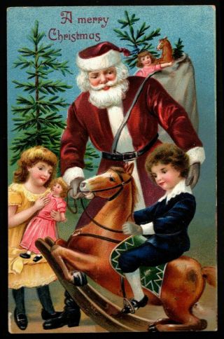 Long Robe Santa Claus With Children Toys Rocking Horse Christmas Postcard - K425