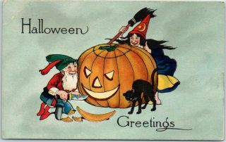 1917 Halloween Greetings Postcard Witch W/ Broom Gnome Elf Carving Jol - Pink