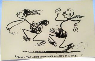 1950 Risque Postcard Male Plug Chasing Female Plug - When Lights Go On All Over
