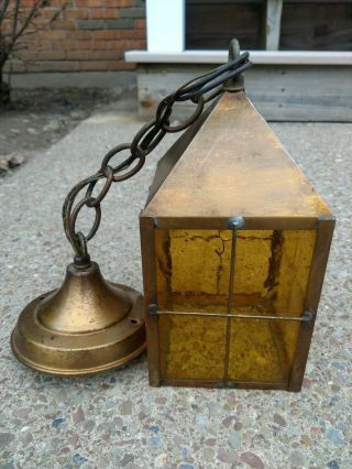 Vintage Outdoor Hanging Lamp Caged Amber Glass 4 Pane Bronze Brass Tone