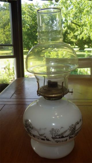 Hurricane Oil Lamp Currier And Ives White Milk Glass Farm Scene 14 " No Wick