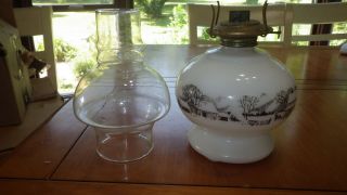 Hurricane Oil Lamp Currier and Ives White Milk Glass Farm Scene 14 