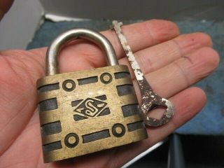 Old Brass Padlock Lock " S " In A Diamond.  With A Key.  N/r