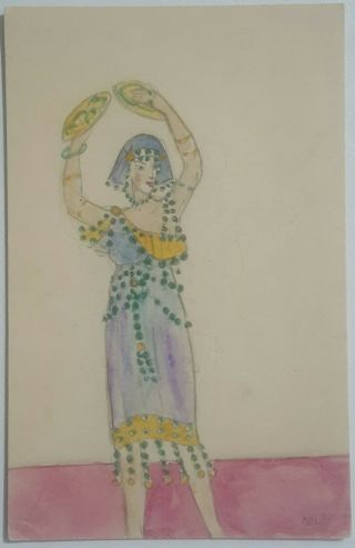 Artist Signed Hand Drawn & Painted Fashion & Glamour Card,  Exotic Dancer,  C 1915
