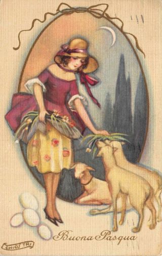 Chiostri Postcard Easter Woman Feeding Flowers To Lamb Sheep 123150