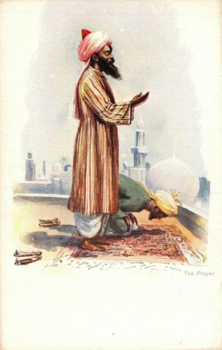 India Ethnic The Prayer 2 Native Men On Prayer Mat On Rooftop Artist Drawn Card