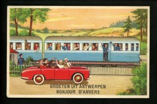 Train Railroad Postcard Trolley Car Auto Comic Printed Belgium Vintage