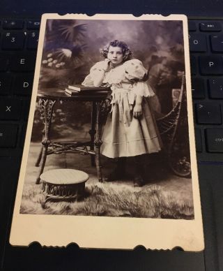 Antique Cabinet Portrait Photo - Girl In Dress With School Books,  Fancy Backdrop