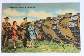 28c Linen Postcard Tanks At Fort George G.  Meade,  Maryland Md