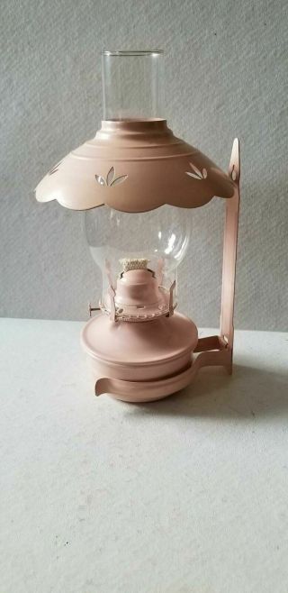 Vintage Lamplight Farms Pink Metal Oil Lamp W/ Wall Hanger & Shade