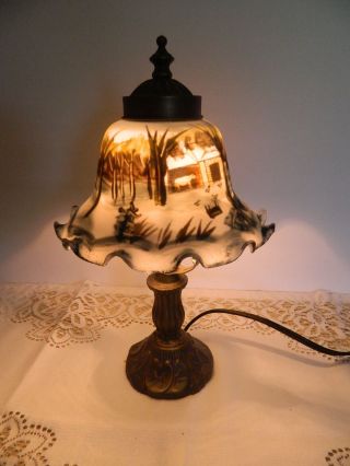 Vintage Hand Painted Art Glass Lamp American Winter Scene Currier And Ives