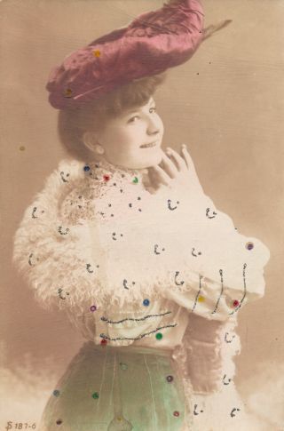 Young Woman Wearing Unusual Hat Hand Colored Glitter Covered Real Photo Postcard
