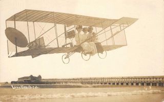 Rppc Women On Biplane,  Long Beach,  California Airplane 1911 Vintage Postcard