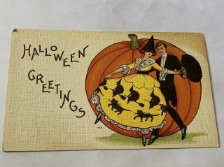 Vintage Halloween Postcard - Jol,  Dancing Couple - Witch,  Black Cat Dress