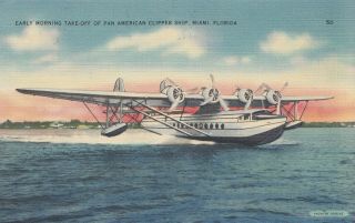 Pan American Clipper Ship Takeoff Miami Florida U.  S.  1938 Tichnor Bros.  Postcard
