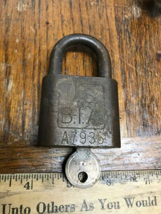 Antique Huro Lock & Huro Key Very Old Stamped U.  S B.  I.  A A7935