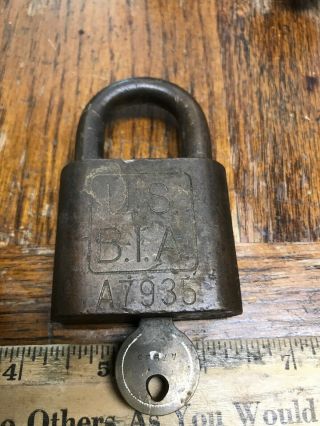 Antique HURO Lock & HURO Key Very Old Stamped U.  S B.  I.  A A7935 5