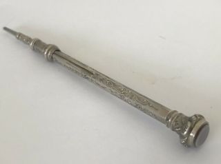 Antique Ornate Silver Propelling / Sliding Pencil With Agate Top