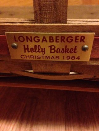 Longaberger RARE 1984 Holly Basket w/ Brass Plate & 1 Stationery Handle - EUC 2