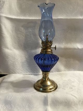 Vintage Blue Glass Kerosene Hurricane Lamp Brass Base 10” Tall Hong Kong