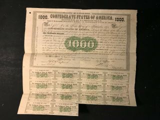 Confederate States Of America Stock Certificate 1861 Originial Civil War Era