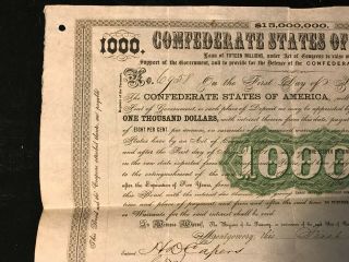 CONFEDERATE STATES of AMERICA STOCK CERTIFICATE 1861 ORIGINIAL CIVIL WAR ERA 2