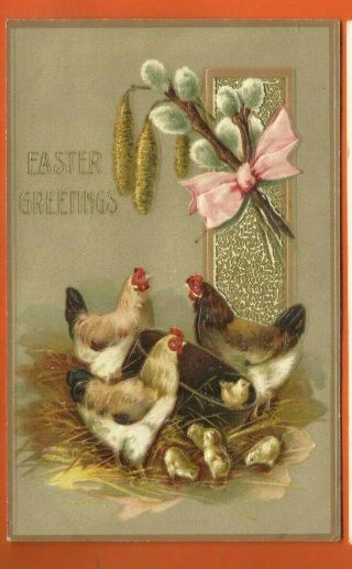 Easter Embossed Postcard/ 3 Hens W/baby Chicks/ Pussywillows/ Gold Borders