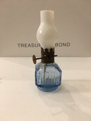 Vintage Mini Oil Lamp Blue Base Milk Glass Globe 4 " Tall Made In Hong Kong Cute