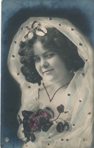 Hand Colored Glitter Covered Real Photo Postcard Of Young Woman