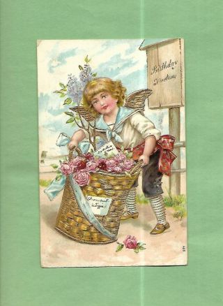 Adorable Boy Angel Carries Rose Basket On Lovely Vintage 1907 Birthday Postcard