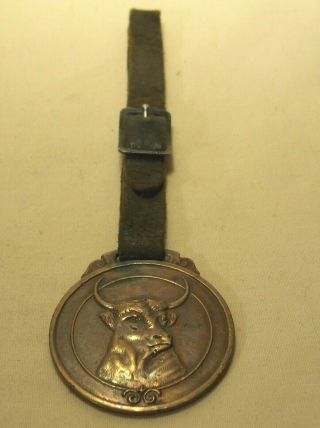 1900 ' s DROVER ' S DEPOSIT NATIONAL BANK CHICAGO BULL HEAD BRASS POCKET WATCH FOB 2
