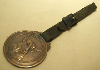 1900 ' s DROVER ' S DEPOSIT NATIONAL BANK CHICAGO BULL HEAD BRASS POCKET WATCH FOB 3