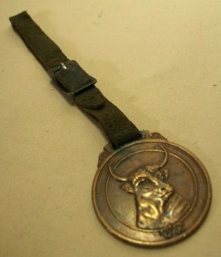 1900 ' s DROVER ' S DEPOSIT NATIONAL BANK CHICAGO BULL HEAD BRASS POCKET WATCH FOB 4