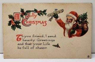 Jolly Christmas Santa With Toy Plane To Orbisonia Pa Postcard E8