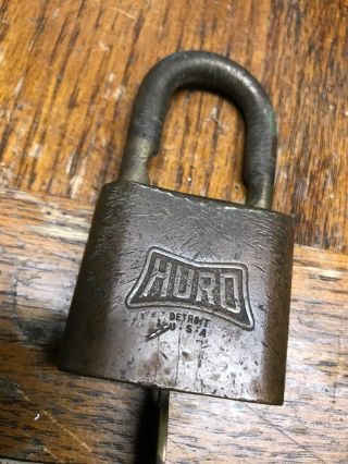 Antique HURO Lock & HURO Key Very Old Stamped U.  S B.  I.  A A7965 4