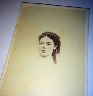 Antique Victorian Cdv Headshot Of Woman Curly Hair & Pink Lips Photo