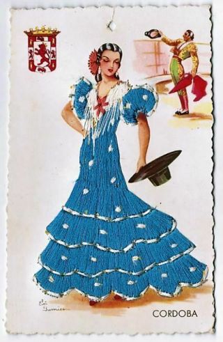 Vintage Elsi Gumier Embroidered 1953 Lady Of Cordoba Spain Postcard